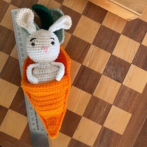 Crocheted Bunny in Carrot Pouch